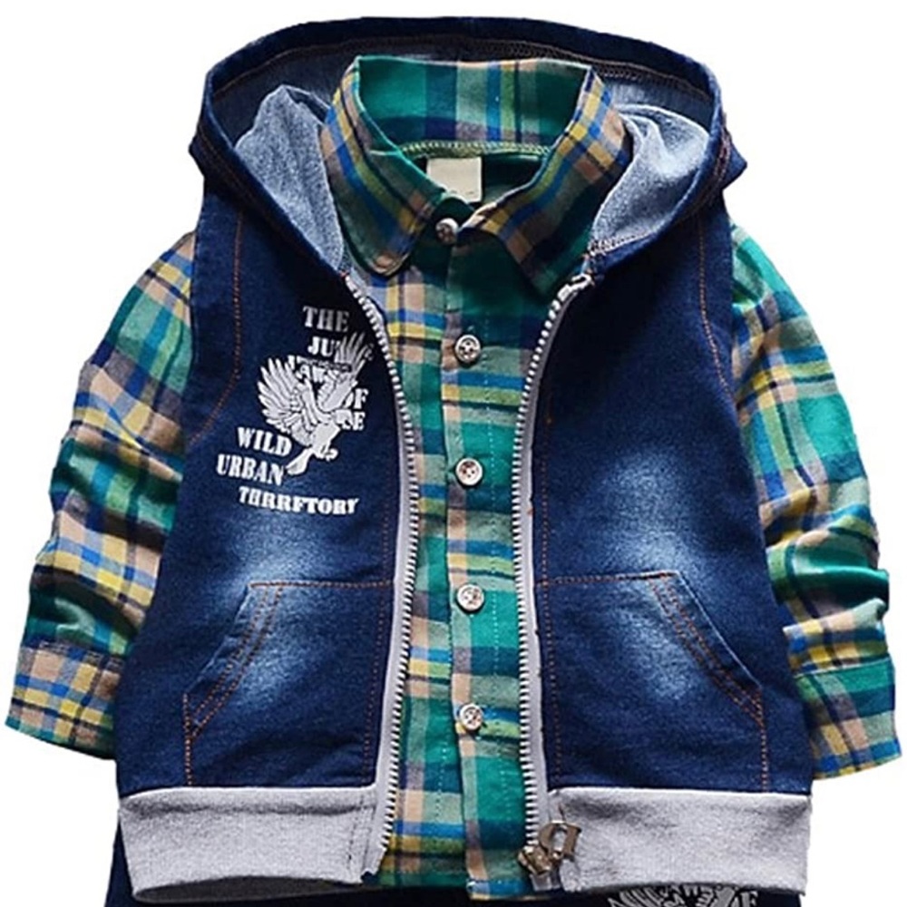 NWT 3 Piece Outfit 9-12 M Denim Vest Plaid Shirt Denim Pants